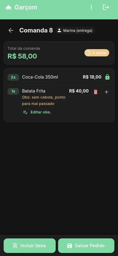 Comanda na mesa com a observação do cliente — “sem cebola, ponto para mal passado”.