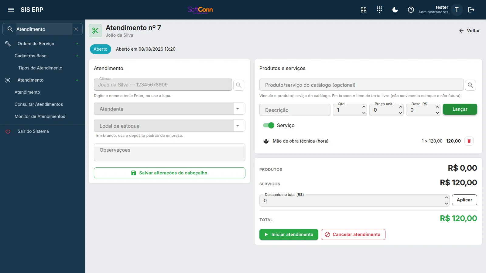 Atendimento aberto: produto e serviço na mesma conta, com desconto e total.