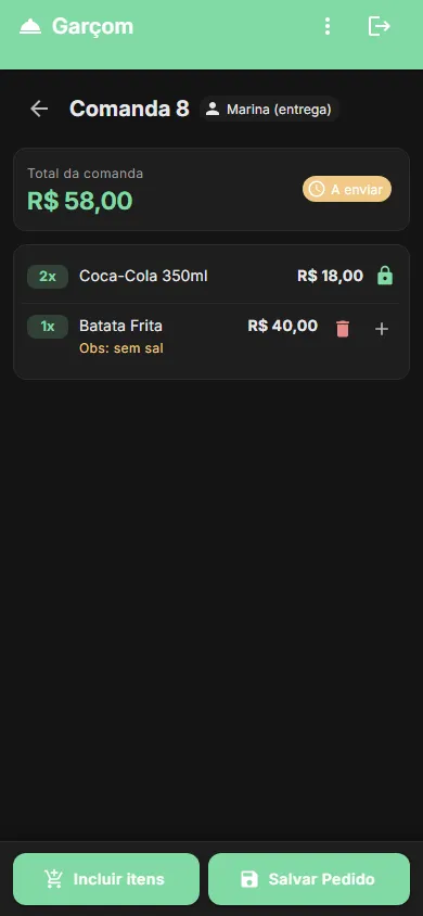 Item ainda não enviado à cozinha fica editável; o que já saiu aparece travado.