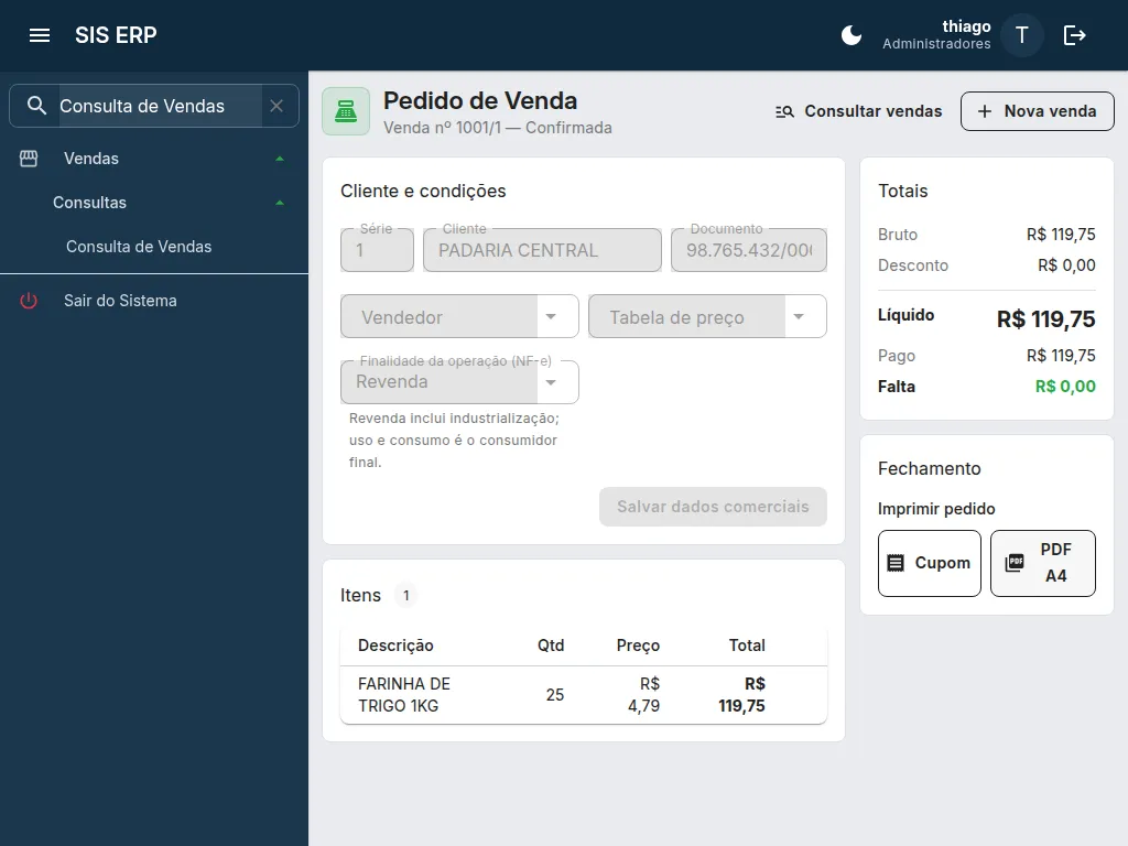 Pedido de venda: cliente, itens, totais e o fechamento com impressão do cupom.