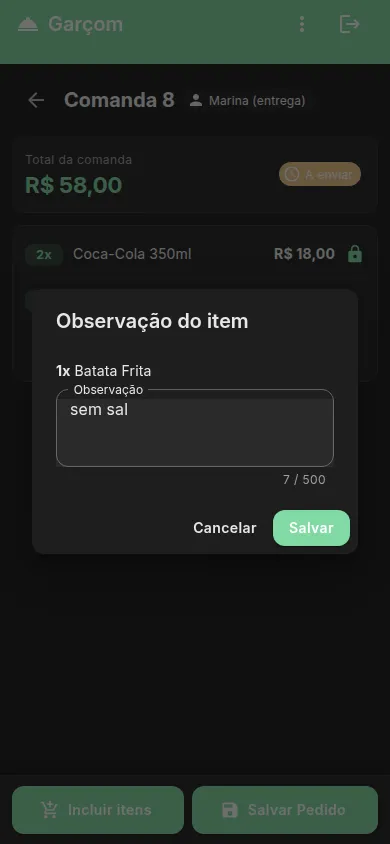 A observação do item, digitada na mesa e enviada junto com o pedido.