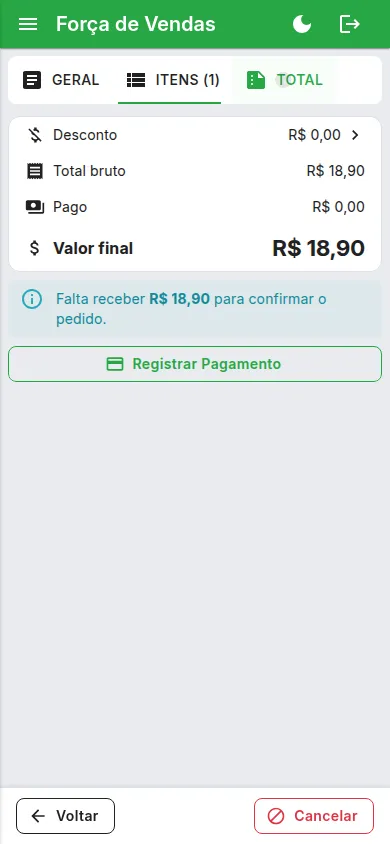 Pedido fechado, com o total conferido na frente do cliente.