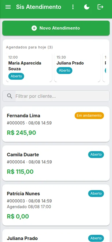 Lista de atendimentos no aparelho, filtrada por cliente.