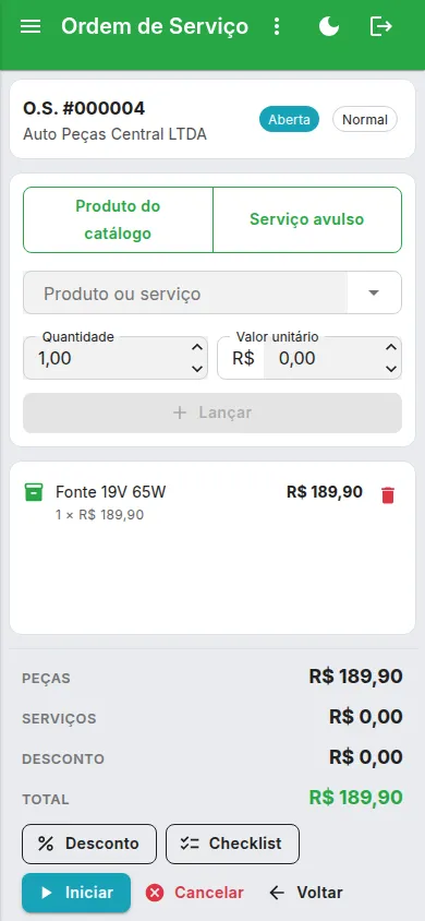 Ordem em campo: peça lançada do catálogo, com peças e serviços somados.