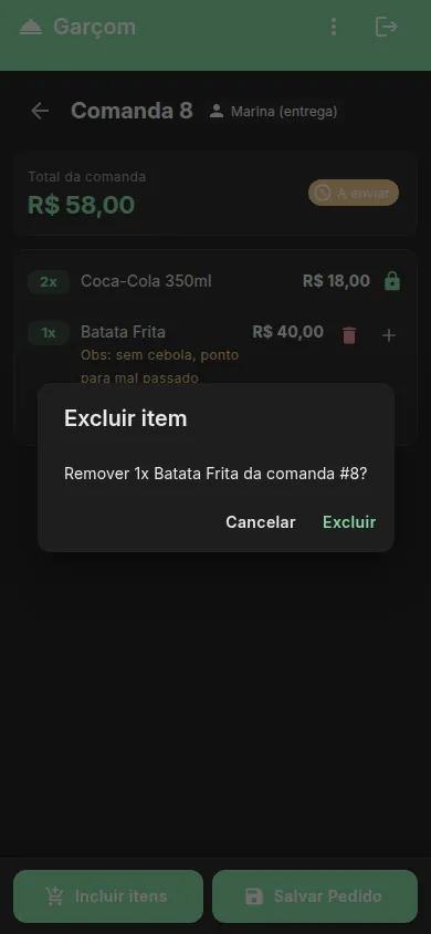 Remover item pede confirmação, dizendo qual item e de qual comanda.