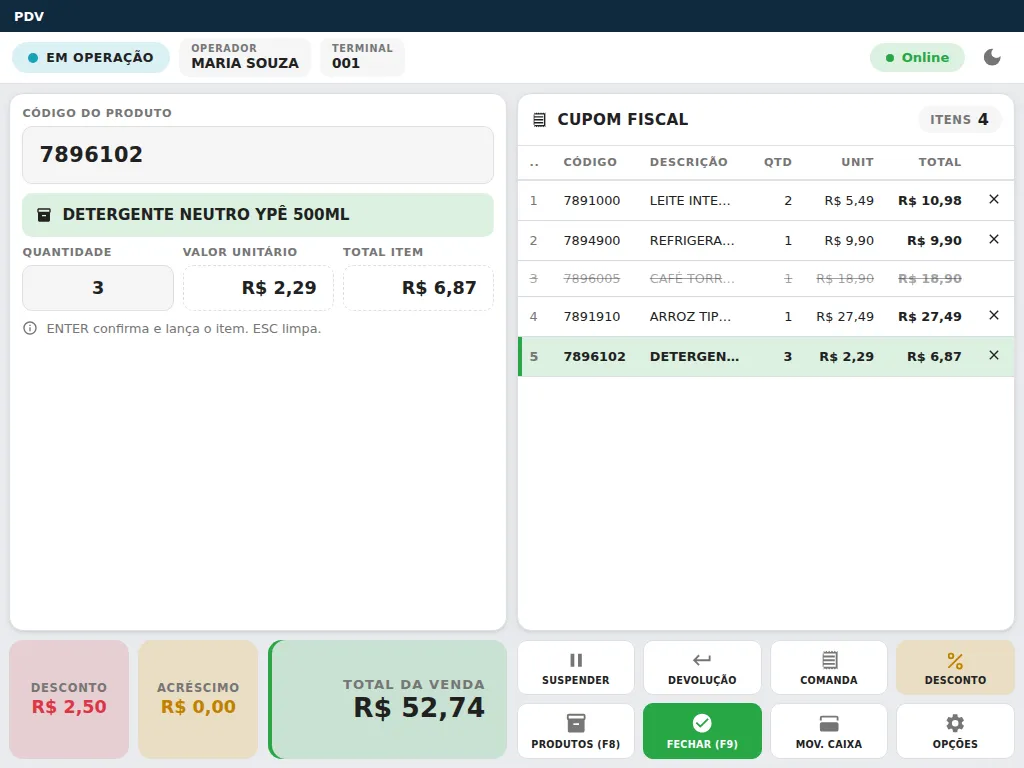 PDV: leitura por código de barras, cupom em tempo real e fechamento em F9.